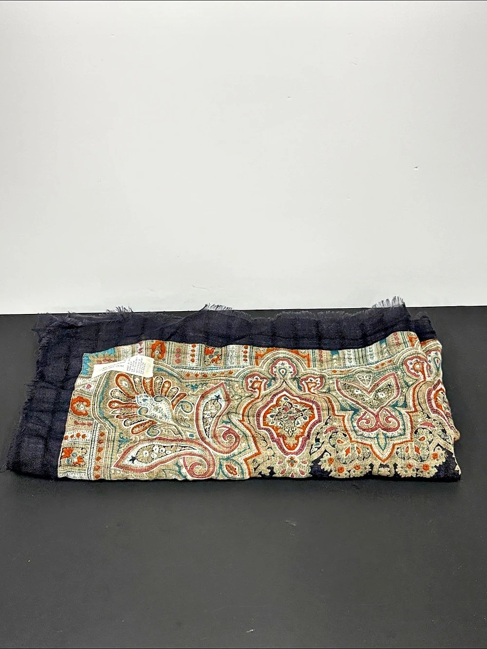ECHO 100% Wool Large Paisley Scarf Shawl Black Teal Rust Fringe